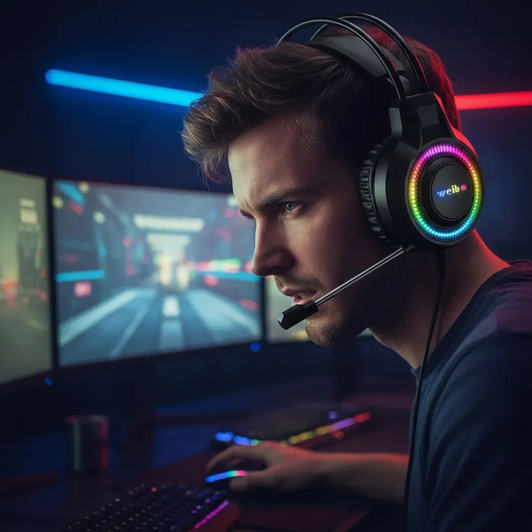 AURICULARES GAMER WEIBO G61 LED RGB CON MICRÓFONO FLEXIBLE Y SONIDO ESTÉREO ENVOLVENTE PARA PC PS4 XBOX Y NINTENDO SWITCH