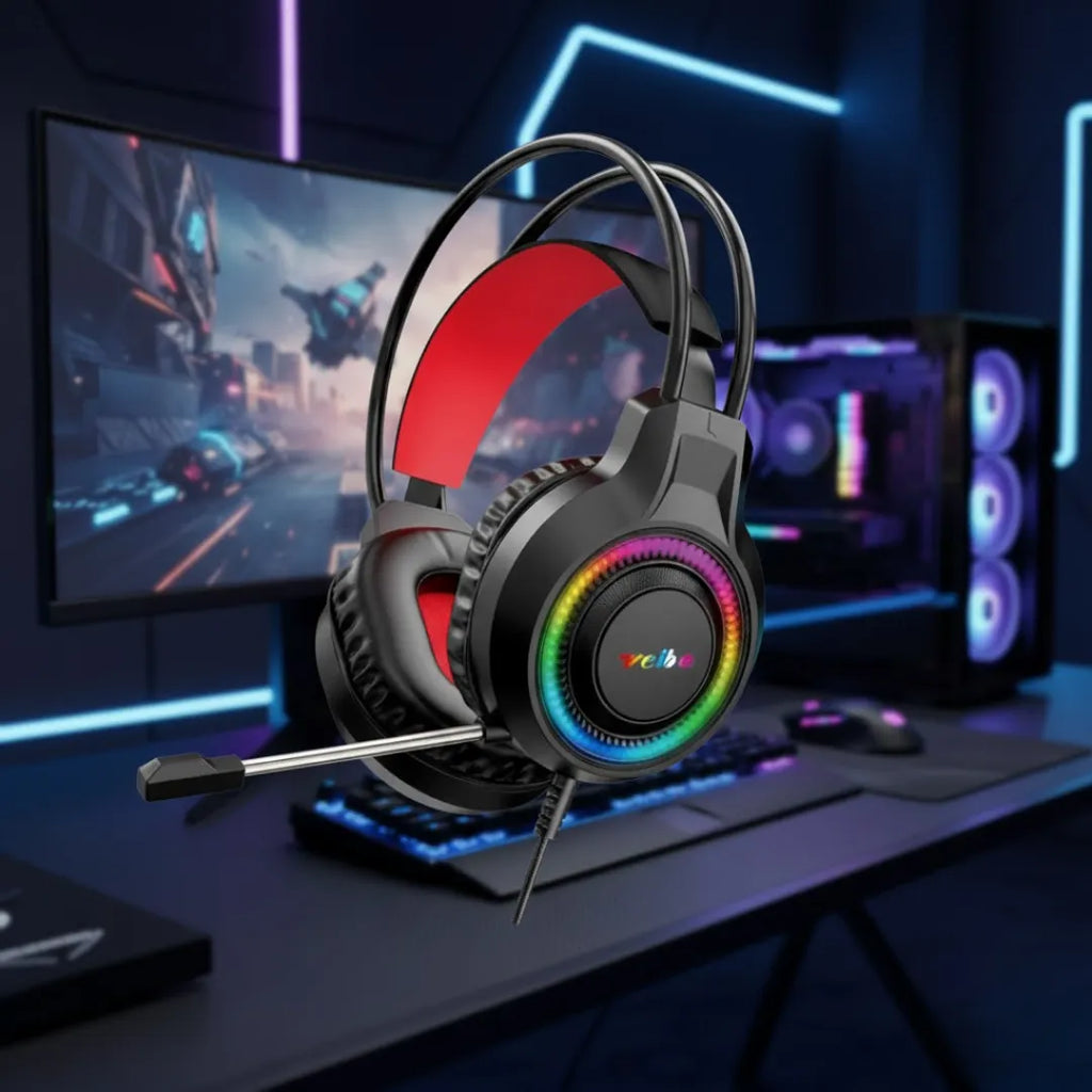AURICULARES GAMER WEIBO G61 LED RGB CON MICRÓFONO FLEXIBLE Y SONIDO ESTÉREO ENVOLVENTE PARA PC PS4 XBOX Y NINTENDO SWITCH