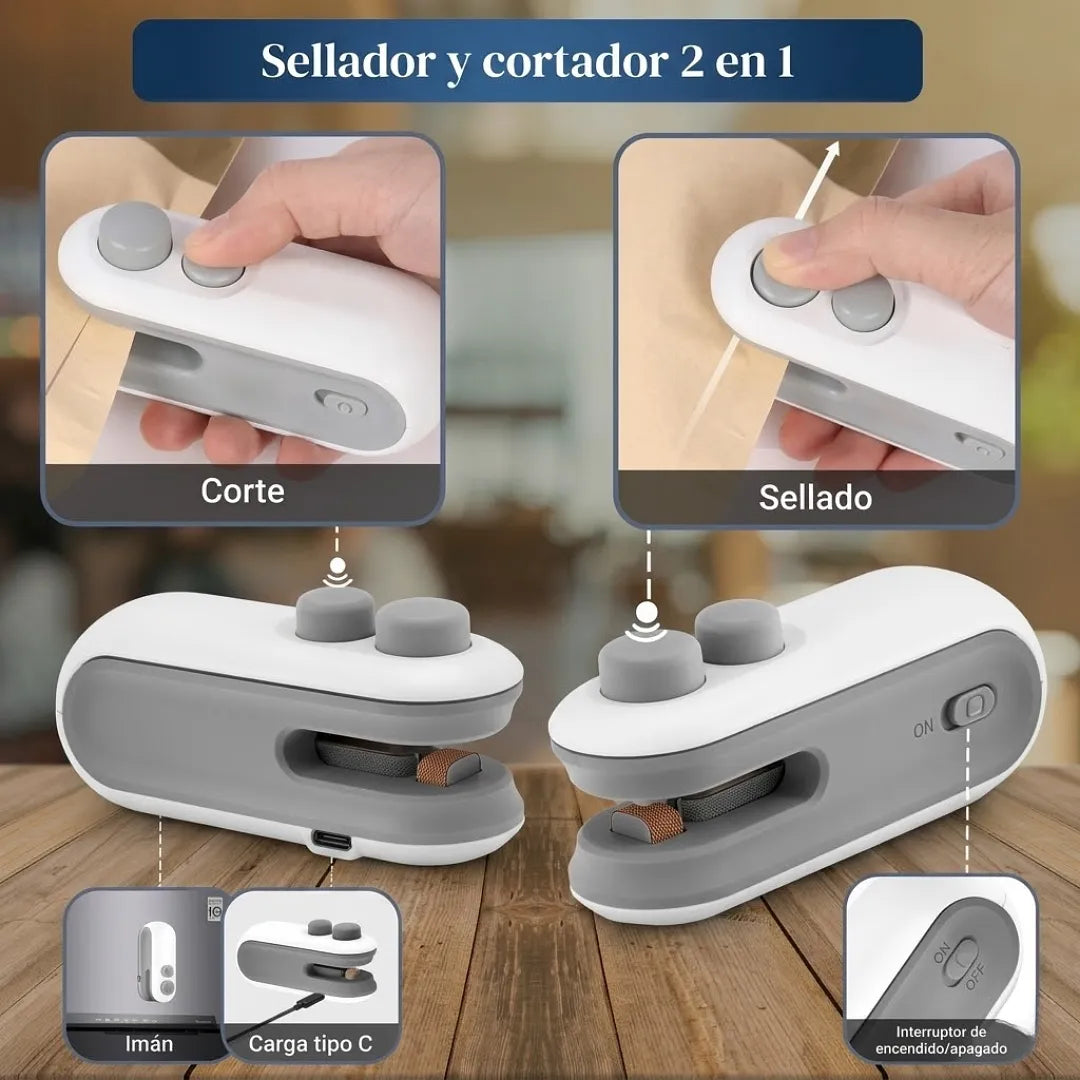 MÁQUINA SELLADORA PORTÁTIL DE BOLSAS RECARGABLE - MINI SELLADOR TÉRMICO DE MANO 2 EN 1 PARA CONSERVACIÓN DE ALIMENTOS Y SNACKS