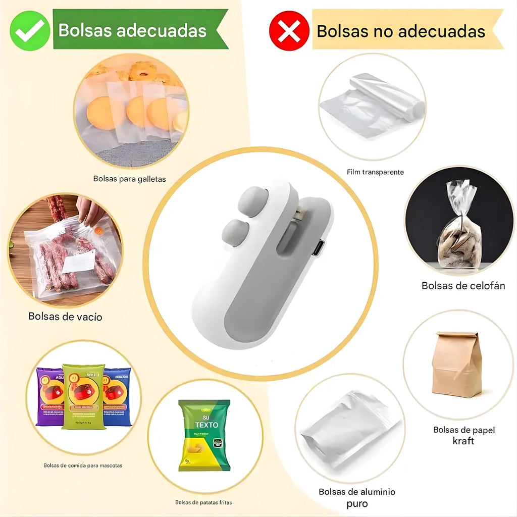 MÁQUINA SELLADORA PORTÁTIL DE BOLSAS RECARGABLE - MINI SELLADOR TÉRMICO DE MANO 2 EN 1 PARA CONSERVACIÓN DE ALIMENTOS Y SNACKS
